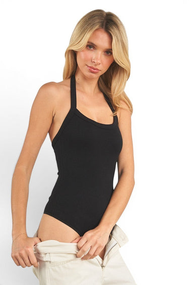 SaltTree ANWND black ribbed halter neck bodysuit with side cut detail worn by a blonde model
