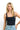 SaltTree ANWND black square neck sleeveless bodysuit with wide straps on a blonde model wearing light wash denim jeans