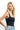SaltTree ANWND black square neck sleeveless bodysuit worn by a blonde model with light blue denim jeans