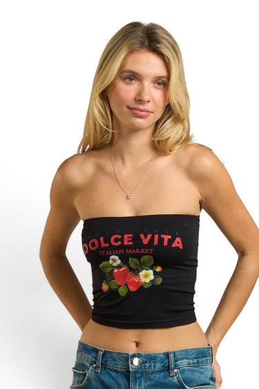 SaltTree ANWND black strapless tube top featuring a Dolce Vita Italian Market graphic and strawberry illustration