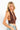 SaltTree ANWND brown halter neck crop top with deep V-neck, shirred bust, and ribbed wide waistband on a blonde model
