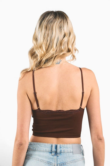 SaltTree ANWND brown ribbed crop cami with lace-trim neckline and adjustable straps worn by a blonde model
