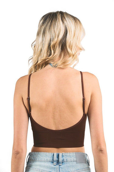 SaltTree ANWND brown seamless cami top with a low scoop back and thin adjustable straps worn by a blonde model