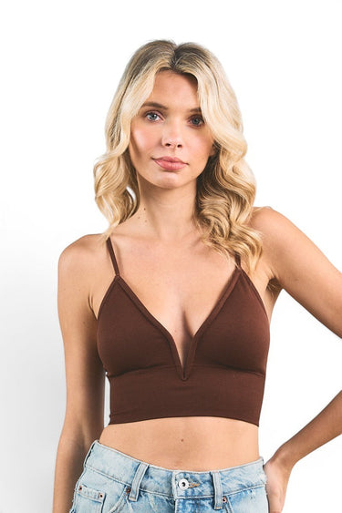 SaltTree ANWND brown seamless V-neck cami top with center-front trim worn by a blonde model