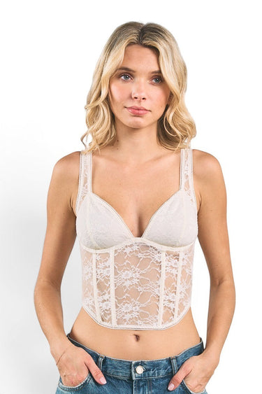SaltTree ANWND ivory floral lace corset tank top with V-neckline and adjustable straps worn by a blonde model