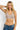 SaltTree ANWND ribbed V-neck bra top in taupe worn by a smiling blonde model against a white background