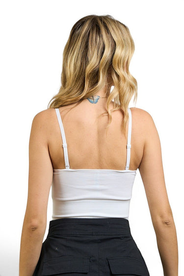 SaltTree ANWND white seamless bustier crop top viewed from the back on a model with adjustable spaghetti straps