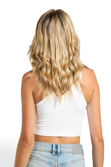 SaltTree ANWND white seamless high neck crop top worn by a blonde model, back view
