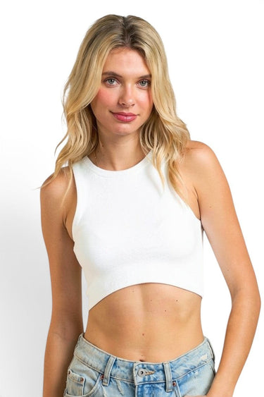 SaltTree ANWND white seamless high neck crop top worn by a blonde model against a white background