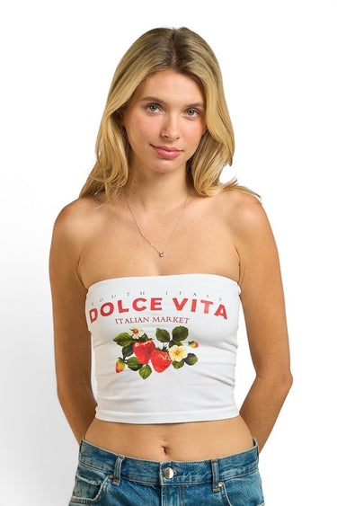 SaltTree ANWND white strapless tube top with Dolce Vita Italian Market graphic and strawberry print on a model