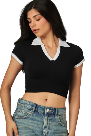 SaltTree Love Poem black cropped polo top with white contrast collar and short sleeves on a model