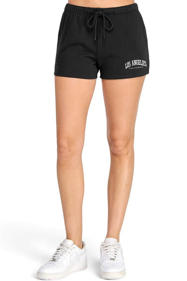 SaltTree black fleece shorts with elastic drawstring waist and white Los Angeles California embroidery detail