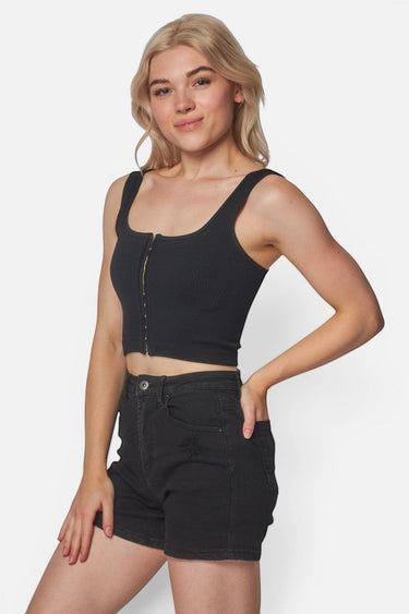SaltTree Love Poem black seamless ribbed cropped tank top with square neckline and hook-and-eye front on a model
