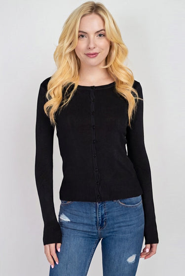 SaltTree Active Basic black round neck cardigan with button-front closure worn by a blonde model in junior sizing.