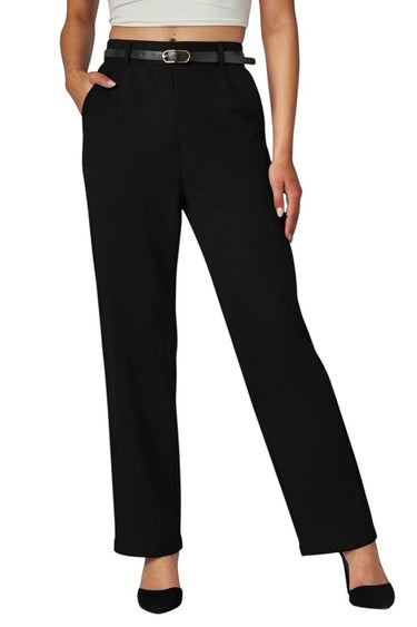 SaltTree Love Poem black high-rise straight-leg scuba knit pants with a matching belt and front pockets.