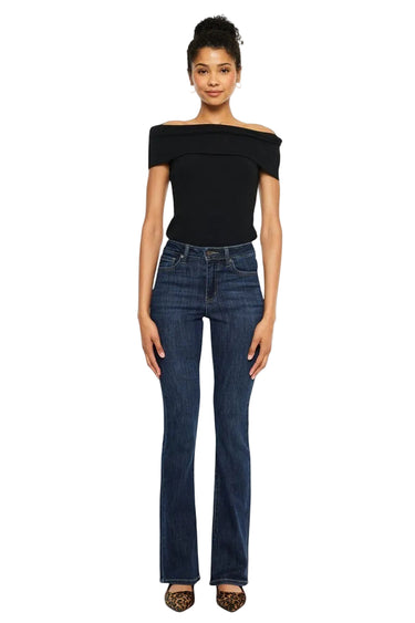 SaltTree dark wash high rise bootcut stretch jeans with a 33" inseam and 18" leg opening.