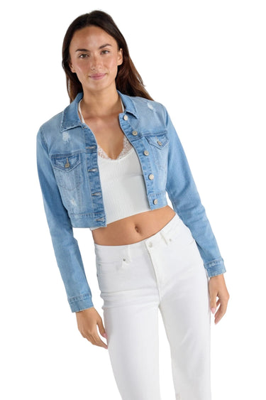 SaltTree Enjean light wash cropped denim jacket with destructed detailing worn by a model in a white crop top.