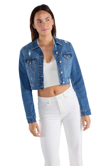 SaltTree model wearing an Enjean cropped denim jacket with destructed details, stone wash, and button-front closure.