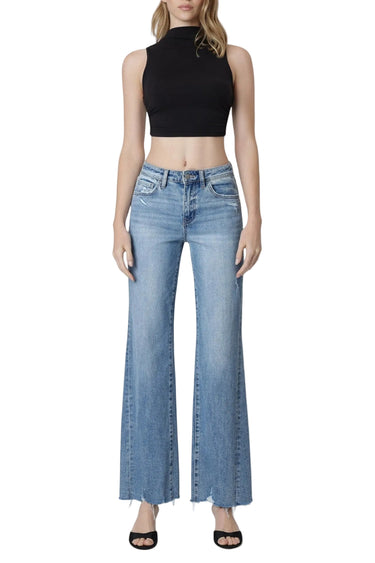 SaltTree Flying Monkey high rise vintage flare jeans in medium wash with slant side seams and distressed raw hem.
