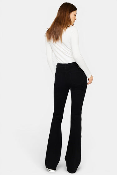 SaltTree Kancan black mid-rise flare jeans with a 33.75" inseam, made from a cotton blend with stretch.