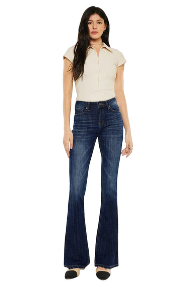 SaltTree Kancan mid-rise flare jeans in dark stone wash stretch denim with a 33.75" inseam.