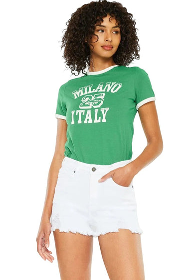 SaltTree Lorena white high rise denim shorts with distressed finish and fringe detailing. 2 1/2" inseam.