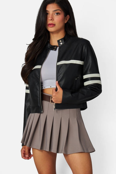 SaltTree Love Poem black faux leather cropped moto jacket with white racing stripes and a high snap collar