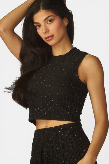 SaltTree Love Poem black crinkled plisse crop top with rhinestone embellishments worn by a model