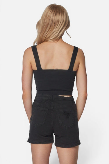 SaltTree Love Poem black seamless ribbed cropped tank top with square neckline, back view on a blonde model.
