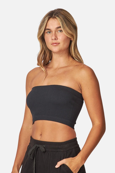 SaltTree Love Poem black ribbed seamless strapless tube top worn by a model