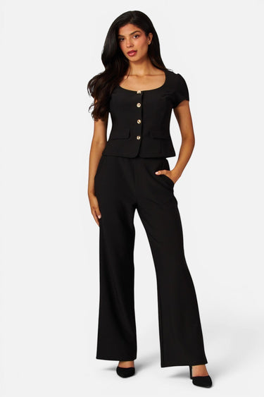 SaltTree Love Poem black scuba knit wide leg pants with belted waist worn by a model with a matching buttoned top