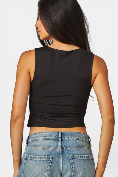 SaltTree Love Poem black sleeveless boatneck top with a smoothing double-layer jersey fit worn by a model