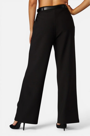 SaltTree Love Poem black high-rise wide-leg scuba knit pants with a belted waist, viewed from the back.