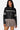 SaltTree Love Poem black faux leather cropped moto jacket with white racing stripes and high snap collar on a model