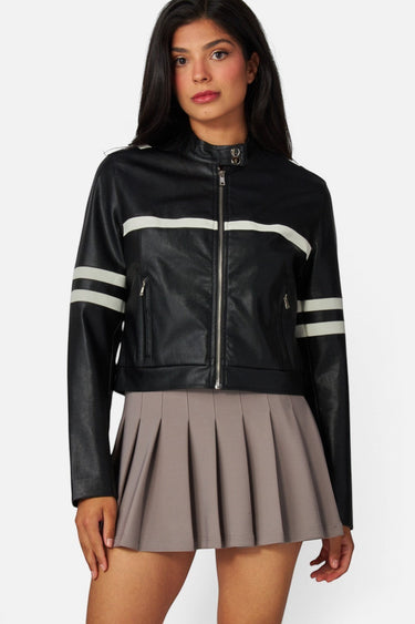 SaltTree Love Poem black faux leather cropped moto jacket with white racing stripes and high snap collar on a model