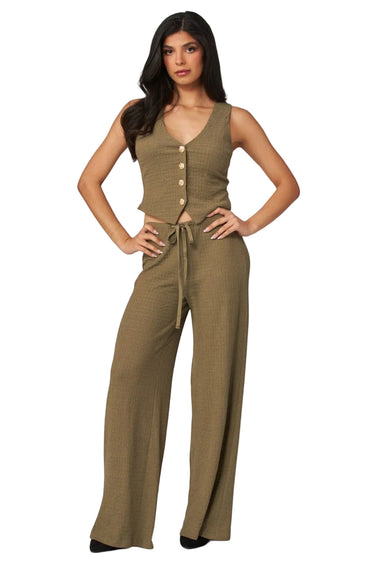 SaltTree Love Poem green waffle-knit two-piece set featuring a button-front vest and high-waisted wide-leg trousers.