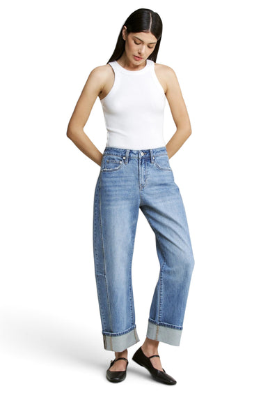 SaltTree Mica Denim high-rise barrel-leg jeans in vintage medium wash with a cuffed hem on a model.