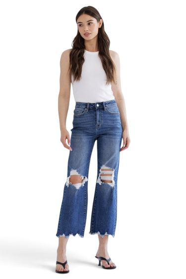 SaltTree Mica Denim high rise vintage crop flare jeans in medium blue wash with distressed knees and frayed raw hem