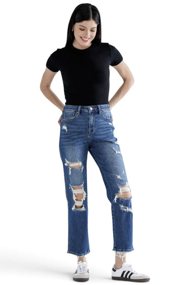 SaltTree Mica Denim high rise straight crop jeans in medium dark wash with heavy distressing and frayed step hem.