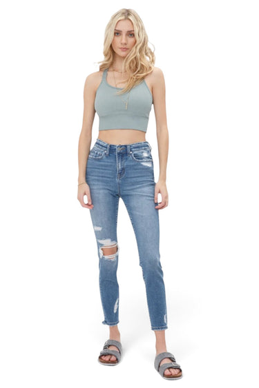 SaltTree Mica Denim Custoza high rise crop skinny jeans in vintage medium blue with ripped knees and raw hem.