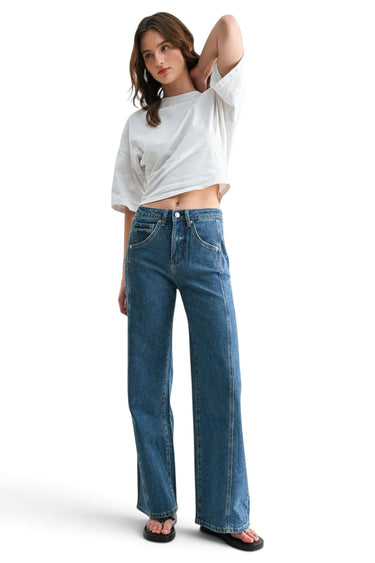 SaltTree Mica Denim high-rise wide-leg jeans in dark indigo with side panel detailing and tummy tuck support.