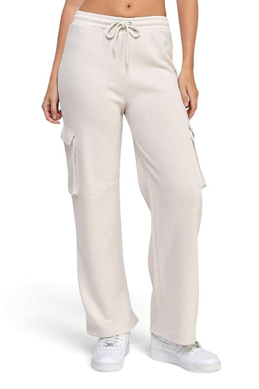 SaltTree Reflex beige fleece straight-leg joggers with cargo pockets and an adjustable drawstring waist on a model