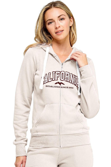 SaltTree Reflex beige fleece zip-up hoodie with California embroidery worn by a model