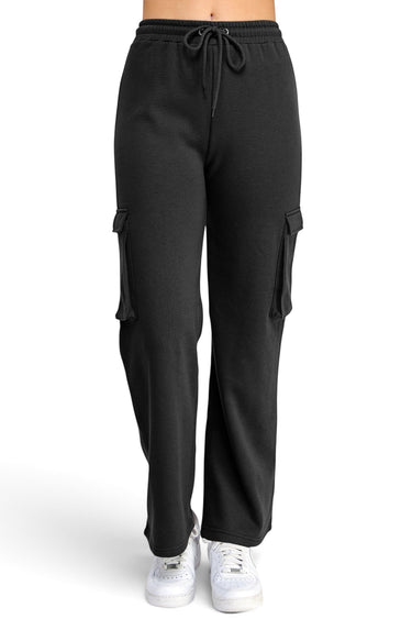 SaltTree Reflex black fleece cargo joggers with a straight-leg fit, drawstring waist, and side utility pockets.