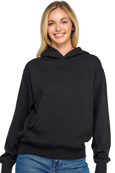 SaltTree Reflex black brushed fleece pullover hoodie with kangaroo pocket worn by a smiling model