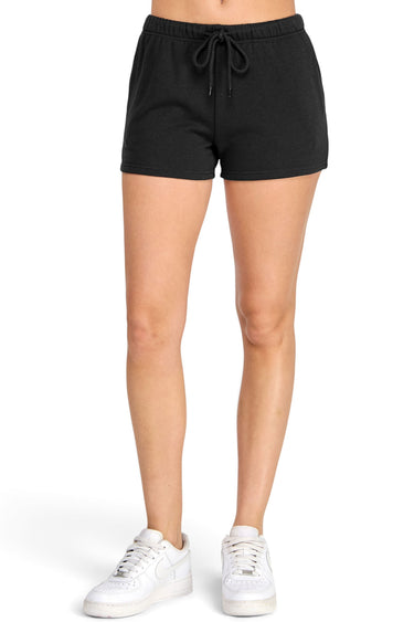 SaltTree Reflex black fleece lounge shorts with an elastic drawstring waistband and side pockets on a model