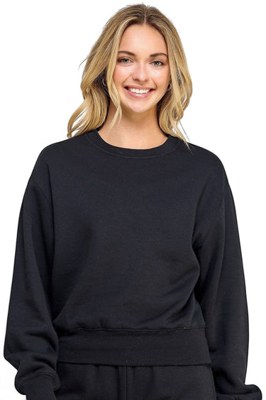 SaltTree Reflex black fleece crewneck sweatshirt with ribbed trims worn by a smiling blonde model