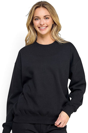 SaltTree model wearing a black Reflex fleece relaxed fit crew neck sweatshirt with ribbed trims