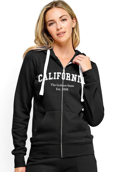 SaltTree Reflex black fleece zip-up hoodie with white California embroidery and adjustable drawstring hood on a model