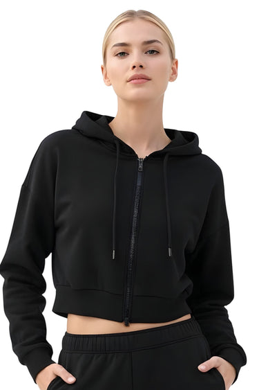 Model wearing a black SaltTree Reflex scuba knit cropped zip-up hoodie with a drawstring hood and comfort fit.
